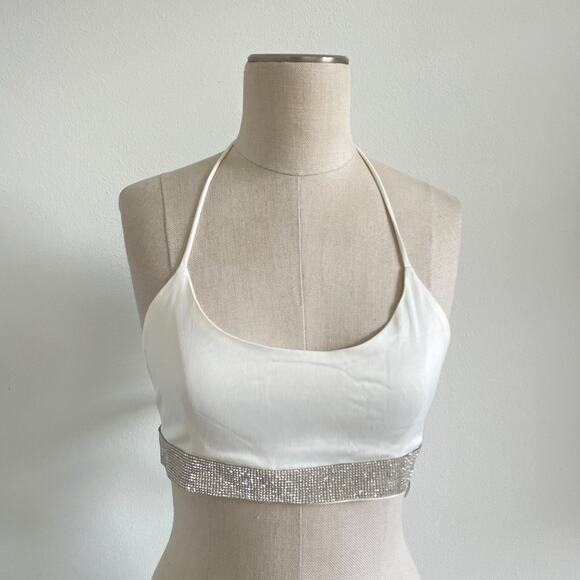 Zara Top Women XS Cream Rhinestone Trim Halter Satin Party Rave Hook & Eye - Picture 1 of 8